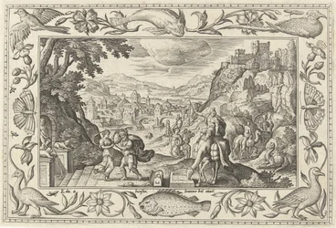 Rebeca y Eliezer junto al pozo Paisajes con escenas bíblicas, mitológicas y escenas de caza (título de la serie)
