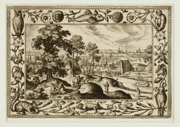 La parábola del buen samaritano, de Paisajes con escenas del Antiguo y Nuevo Testamento y Escenas de caza