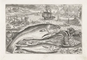 Dos peces en la playa Pesca (título de la serie) Iconos de Piscium vivae (título de la serie)