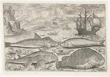 Cuatro peces en la playa Pesca (título de la serie) Iconos de Piscium vivae (título de la serie)