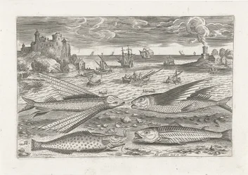 Cuatro peces en la playa Pesca (título de la serie) Iconos de Piscium vivae (título de la serie)