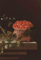 Naturaleza muerta con olla de fresas y ramita de grosellas
