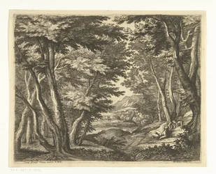 Paisaje con tres hombres en un claro del bosque