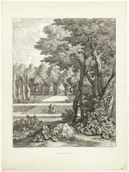 Paisaje con pareja sentada en una escalera en el jardín.