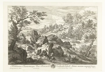 Paisaje con jinetes en un afloramiento rocoso Paisajes con cazadores (título de serie)