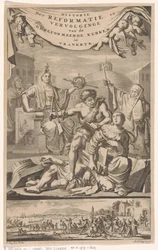 Iglesia reformada francesa atacada por un hombre con un azote
Portada de: E. Benoist, Historie der Gereformeerde Kerken van Vrankrijk, 1696