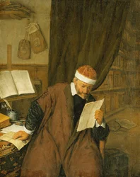 Un abogado sentado en un escritorio leyendo una carta, una biblioteca al fondo, 1668