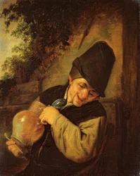 Un campesino sosteniendo una jarra y una pipa, c.1650-55