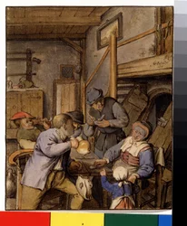 En la posada (En una taberna). Campesinos fumando y bebiendo en la mesa frente a la entrada de una bodega. Pintura de Adriaen Jansz Van Ostade (1610-1685), hacia 1667. Pintura holandesa. Lápiz, pincel y acuarela sobre papel. Museo Pushkin, Moscú