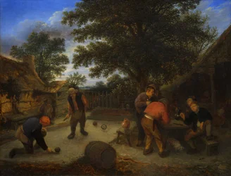 Jugadores de pelota en el jardín de la posada, c.1660 (óleo sobre tabla)