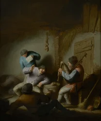 Interior del granero con campesinos haciendo música