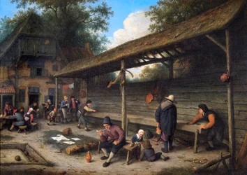 Patio de una posada con una partida de tejo