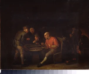 Flamencos jugando a los dados. (Flemings jugando a los dados). Pintura de Adriaen Jansz van Ostade (1610-1685). escuela holandesa. Óleo sobre tela. Museo del Palacio de Gatchina, San Petersburgo.