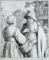 Hombre y mujer conversando (grabado)