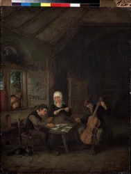 Músicos de Pueblo (Músicos Rurales). Violinista y violonchelista tocando en una casa. Pintura de Adriaen Jansz Van Ostade (1610-1685)