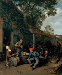 Campesinos fumando y festejando fuera de una taberna, 1676