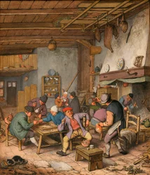 Habitación en una posada con campesinos bebiendo, fumando y jugando al backgammon - Obra de Adriaen Jansz van Ostade (1610-1685) Lápiz, tiza y acuarela sobre papel