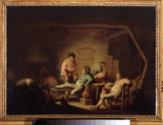 Escena de posada. (Escena de taberna). Pintura de Adriaen Jansz van Ostade (1610-1685), hacia 1635. Escuela holandesa, estilo barroco. Óleo sobre madera. Museo Pushkin, Moscú.