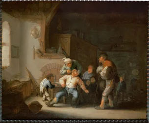 El barbero del pueblo (pintura sobre madera de roble)