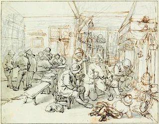 Un grupo de campesinos en una taberna (Compañía de Campesinos en una Taberna) - Dibujo de Adriaen Jansz van Ostade (1610-1685), lápiz y tinta china sobre papel, hacia 1675 - Albertina, Viena (Austria)
