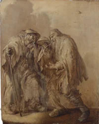 Pareja de ancianos mendigos con un cuenco vacío volcado; en brunaille (óleo sobre tabla)
