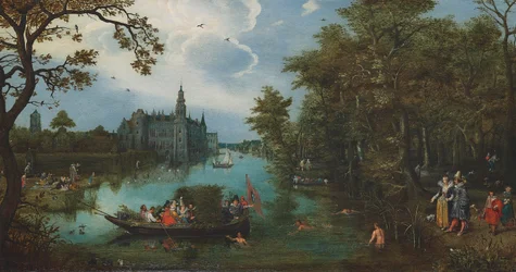 Paisaje de verano con fiesta náutica y bañistas