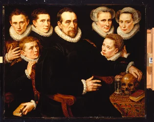 Retrato de grupo de un caballero de 57 años, sentado de tres cuartos de longitud, junto a una mesa con una calavera, un reloj de arena y un libro, con sus tres hijas de 30, 23 y 12 años, y sus tres hijos de 19, 18 y 14 años