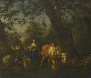Campesinos con ganado cruzando un arroyo, ca 1662
