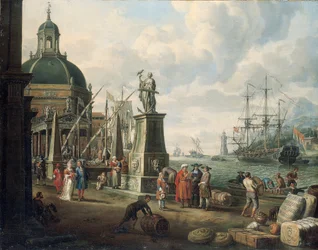 Un capricho de un puerto mediterráneo con comerciantes, una pareja elegante en el muelle, ante una estatua de la Esperanza y una iglesia barroca, un faro, un barco de guerra holandés y otros barcos más allá, 1700