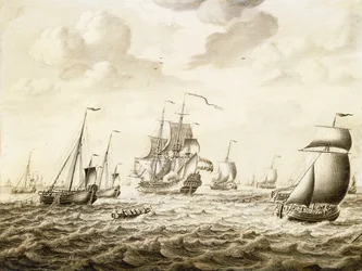 Un barco de guerra holandés disparando un saludo - un Penschilderij