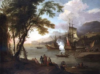 Un capricho de un puerto mediterráneo con barcos, comerciantes y estibadores