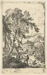 Paisaje montañoso con árboles y hombre con perro