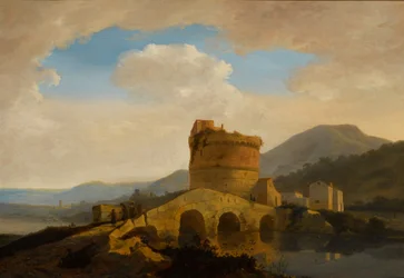 Paisaje cerca de Roma, con la tumba de los Plautios junto al río Aniene