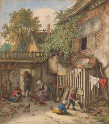 Patio interior con una mujer limpiando mejillones