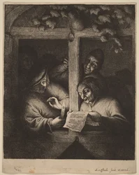 Cuatro hombres en una ventana, uno leyendo de una hoja a la luz de una vela