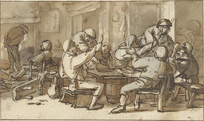 Interior de una posada con campesinos bebiendo y discutiendo