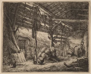 Interior de un granero con una campesina trabajando