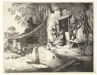 Mujer girando delante de una granja
