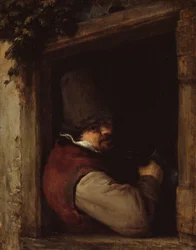 Hombre con una jarra en una ventana