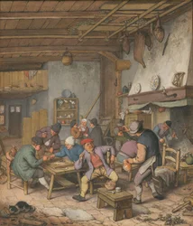 Habitación en una posada con campesinos bebiendo, fumando y jugando al backgam, 1678