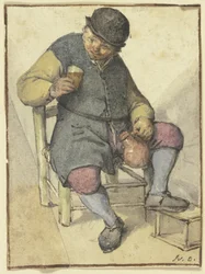 Campesino sentado, visto de frente, con jarra y vaso