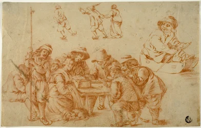 Bocetos de campesinos jugando a los dados y patinando; Boceto de niño en trineo
