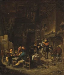 Interior de taberna con campesinos jugando a las cartas, fumando y bebiendo