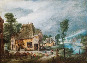 Un pueblo junto a un río con figuras (óleo sobre cobre)