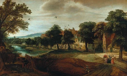 Un paisaje fluvial arbolado con edificios del pueblo y Abraham y los tres ángeles