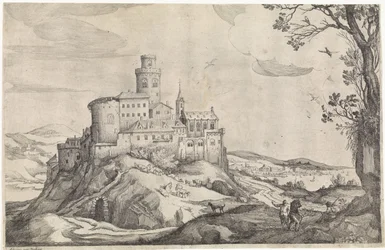 Paisaje con un castillo en una montaña