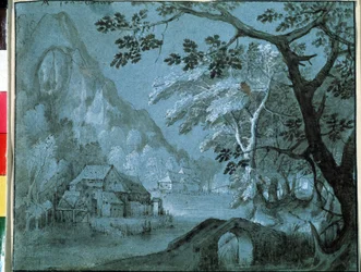 Paisaje de un lago de montaña con un molino (Paisaje con un molino en el lago de montaña). Dibujo de Adriaen Van Stalbemt (1580-1662). Grisalla sobre papel