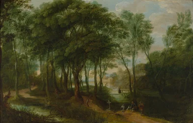 Caminantes en un sotobosque, arquitectura al fondo