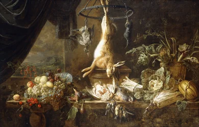 Una Liebre y una Agachadiza Colgando de un Anillo de Caza, Fruta en un Cuenco de Porcelana Kraak Wanli, Higos, Perdices y Pinzones Muertos, Espárragos, Col, Hinojo y Alcachofas en una Olla de Cobre en un Alféizar junto a una Ventana con Cortina, 1650