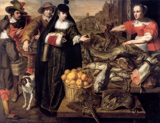 Una dama en el mercado de pescado en Amberes, 1630-1640